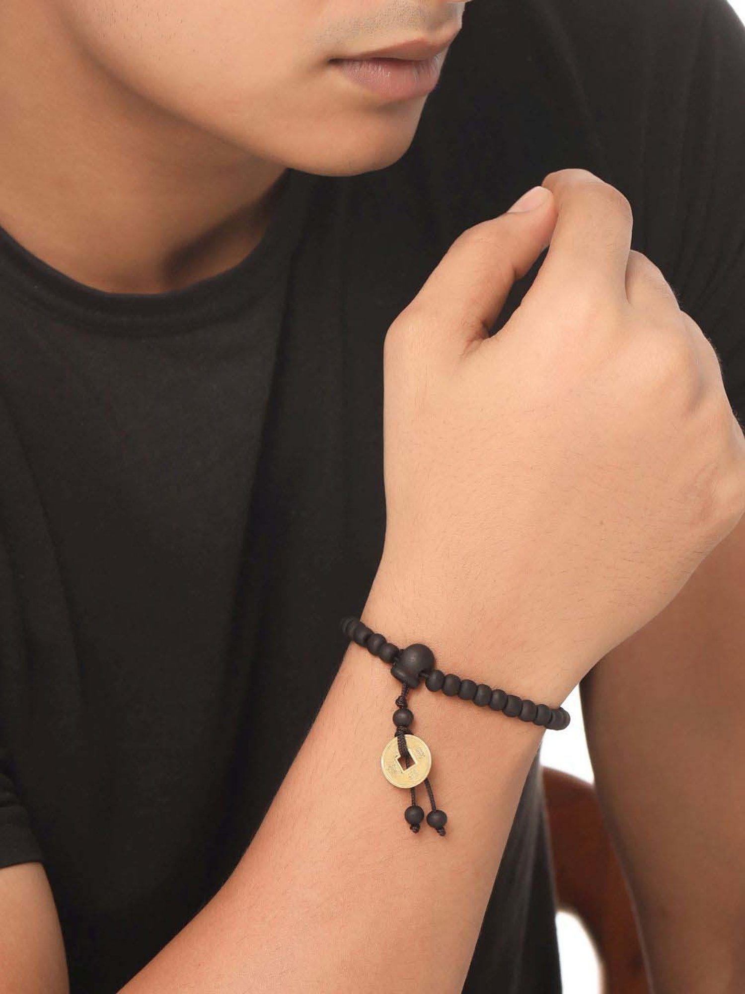 NVR Black Beaded Adjustable Bracelet for Men