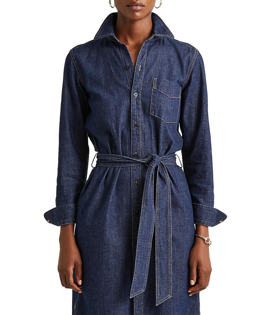 Lauren Ralph Lauren Jameika Denim Long Sleeve Button-Down Collar V-Neck Button Down Shirt Dress
