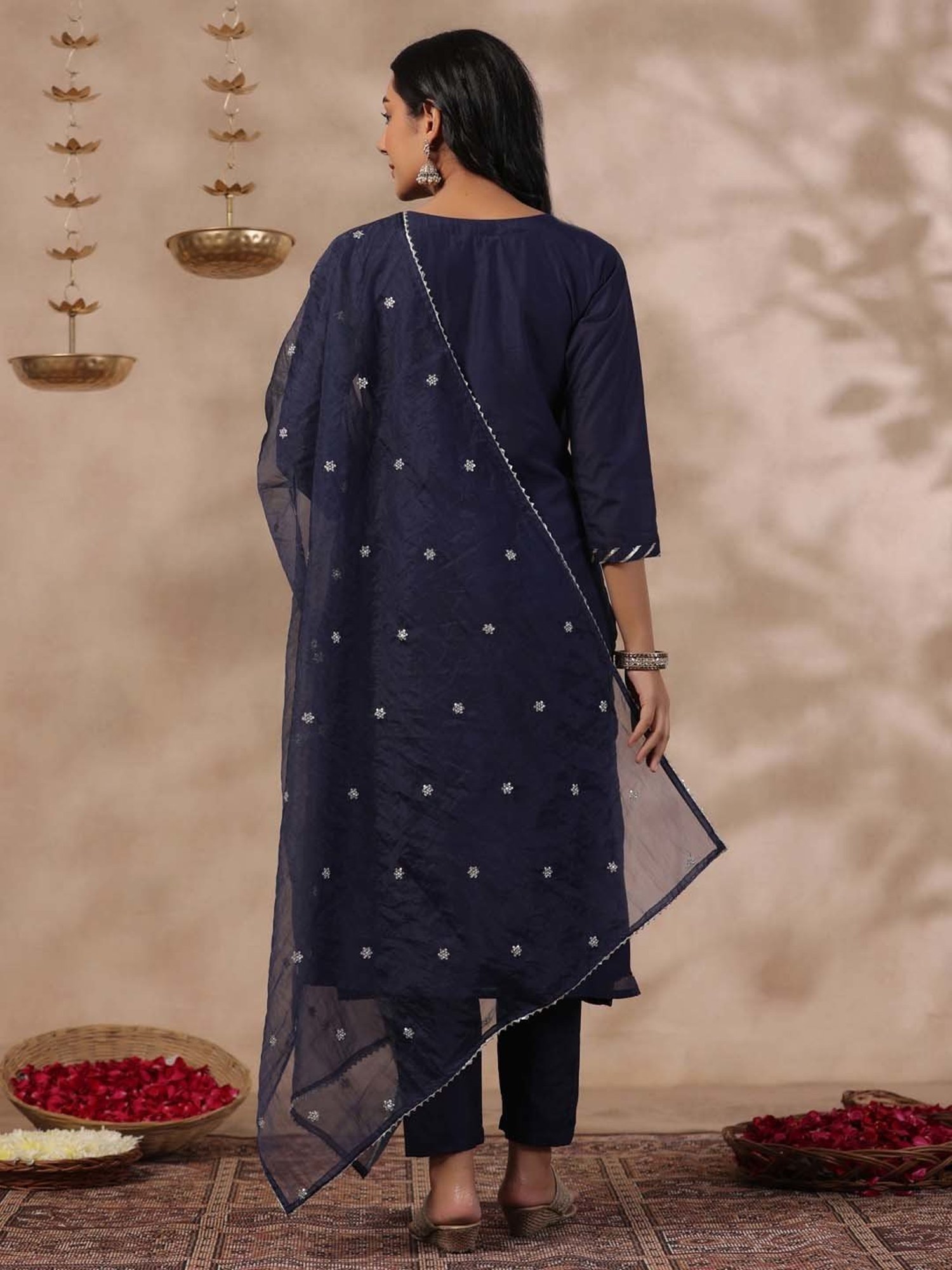 Ishin Navy Embroidered Kurta With Pant & Dupatta