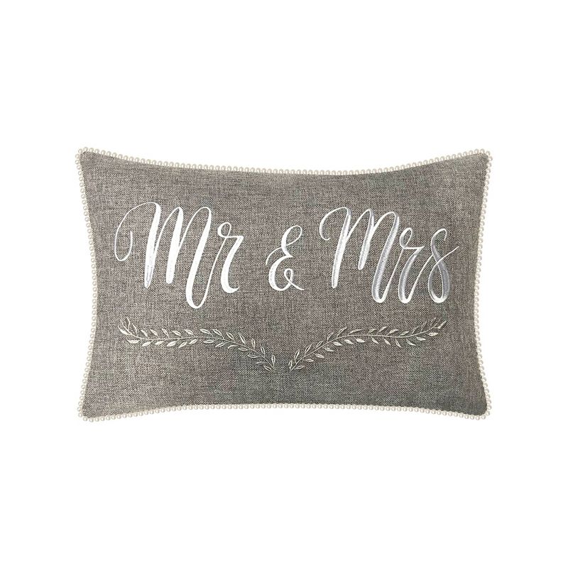 'Mr & Mrs' with Pearl Trim Lumbar Throw Pillow Gray - Edie@Home