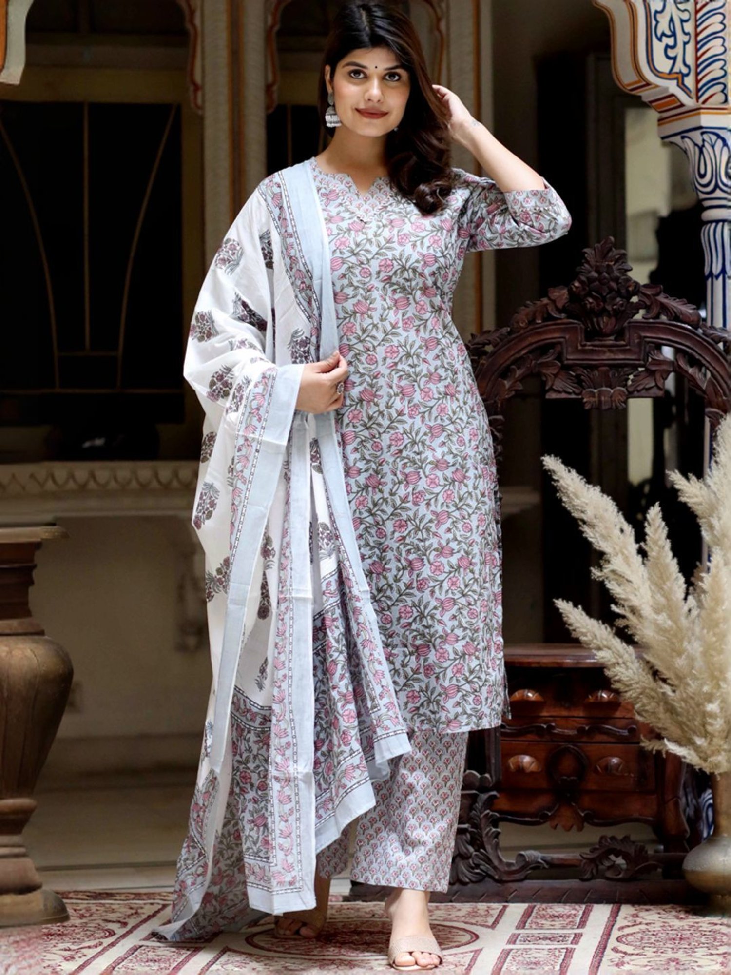 Miravan Blue Cotton Floral Print Kurta Palazzo Set With Dupatta