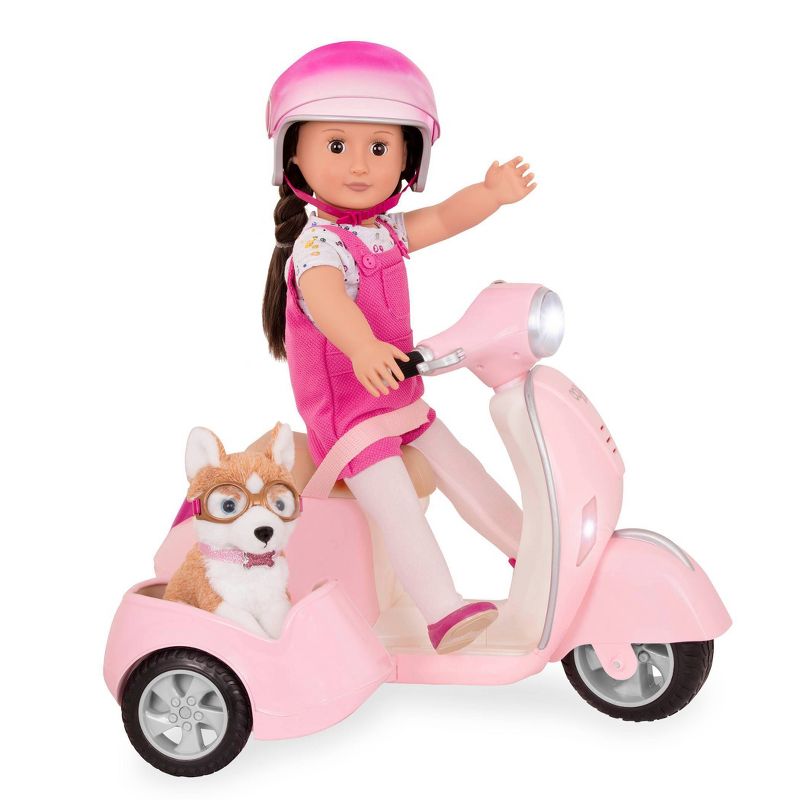 Our Generation 18" Doll Leslie with Plush Pet Husky, Pink Scooter, Outfit, and Accessories