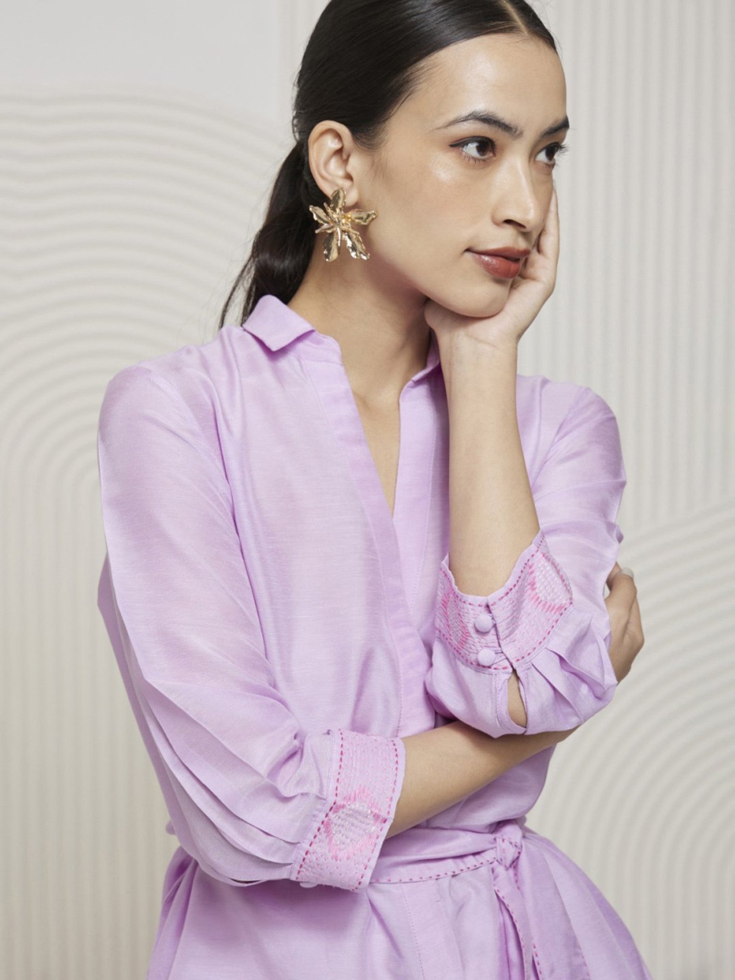 Artagai Lavender Kantha Wrap Shirt with Tie Up and Kantha Detail At Cuff and Belt