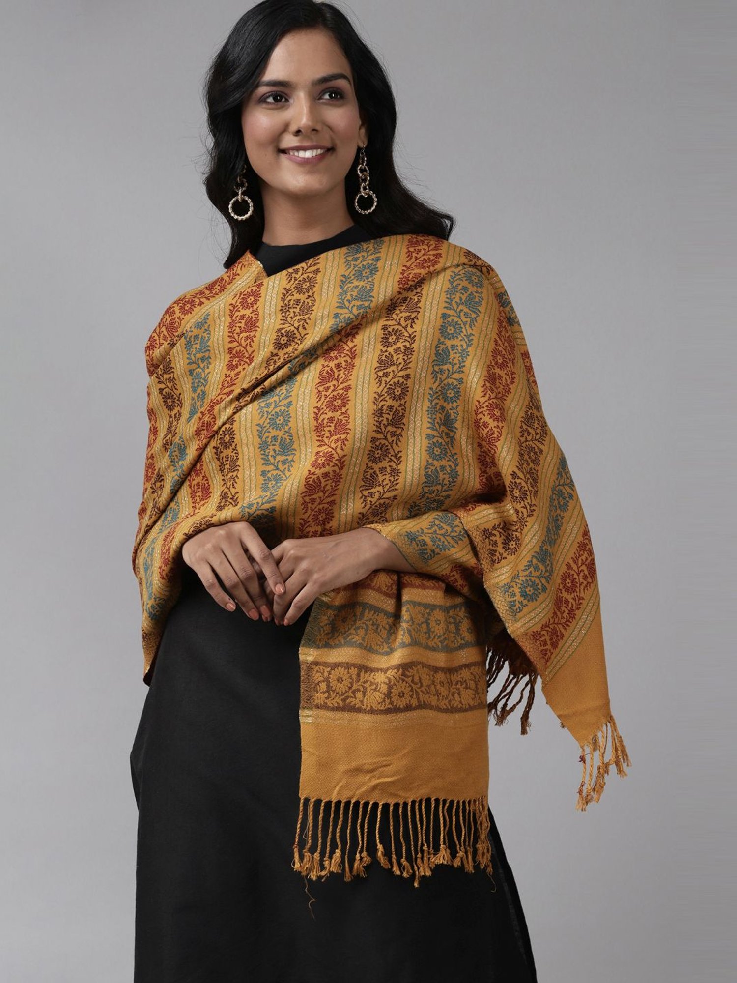 Indo Era Yellow Woven Pattern Shawl