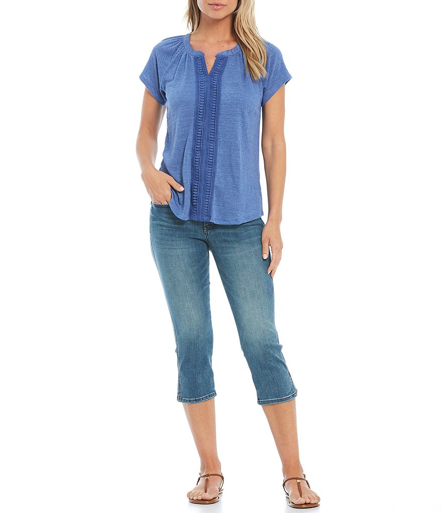 One World Apparel Petite Size Solid Notch Neck Raglan Sleeve Knit Gauze Top