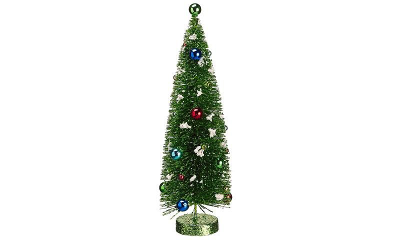Allstate Floral 14" Green Pencil Pre Decorated Flocked Glitter Bottle Brush Artificial Christmas Tree - Unlit