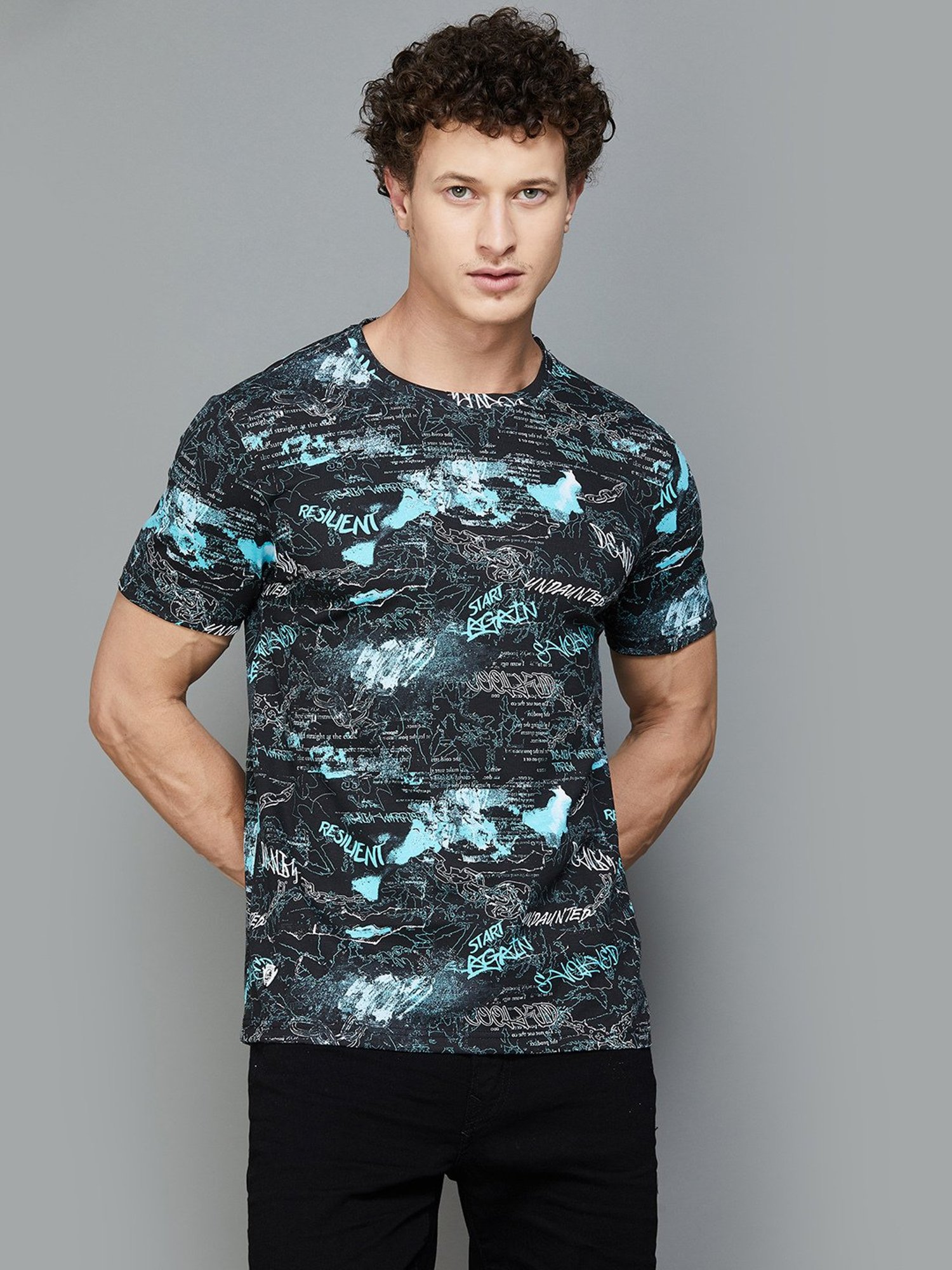Forca by Lifestyle Black Regular Fit Printed Crew T-Shirt