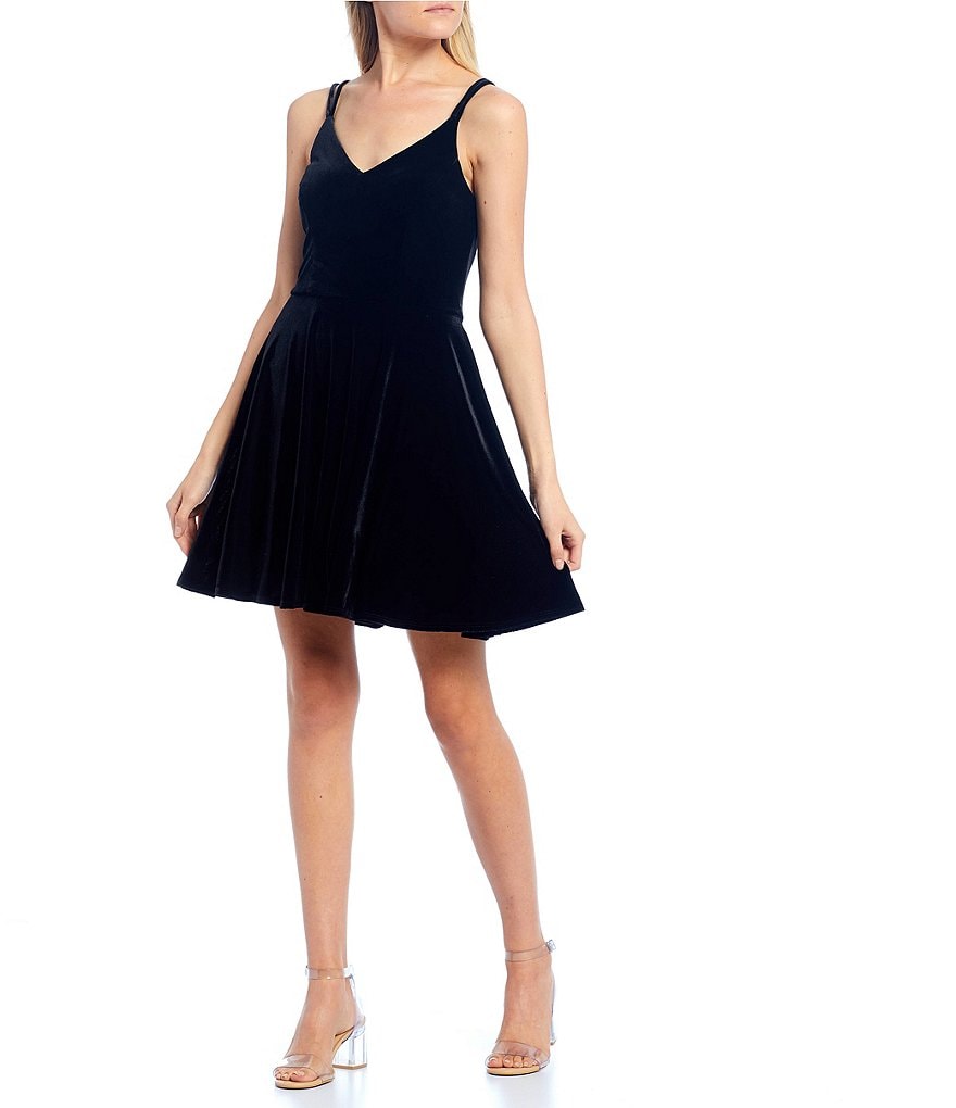 B. Darlin Spaghetti Strap X-Back Velvet Skater Dress