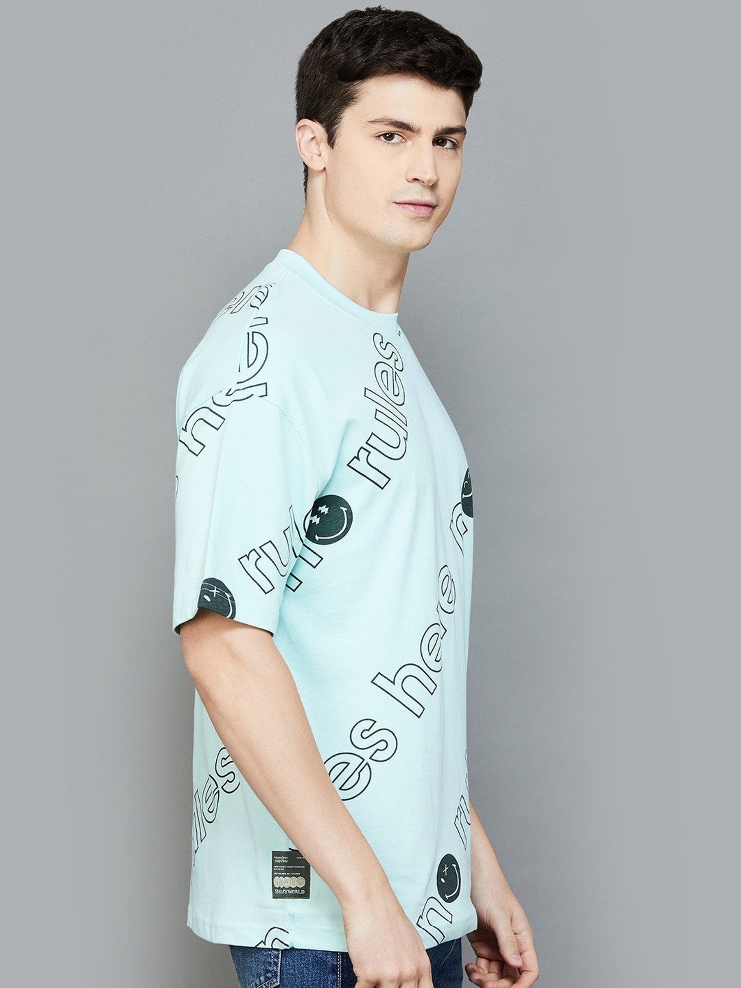 SmileyWorld Turquoise Cotton Regular Fit Printed T-Shirt