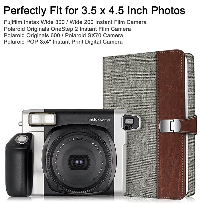 Wallet Photo Album for Fujifilm Instax Wide 300, Polaroid OneStep 2-64 Pockets (Snap Fastener) Album, Compatible with Polaroid POP, Originals 600 Camera 3.5x4.5 Inch Film (Denim Grey)