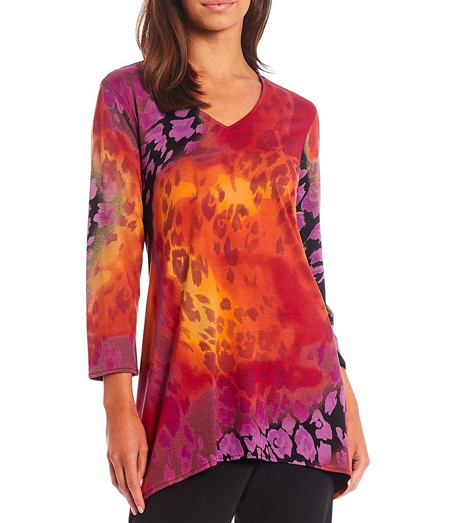 Caroline Rose Kaleidoscope Print V-Neck 3/4 Sleeve Knit Tunic