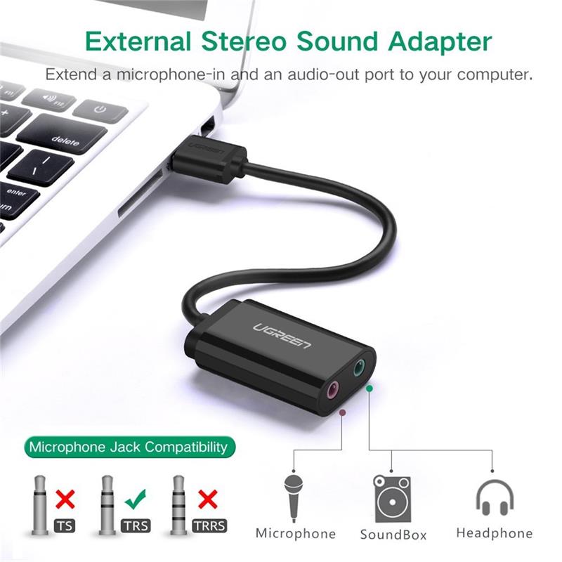 UGREEN USB Audio Adapter External Stereo Sound Card with 3.5mm Headphone and Microphone Jack for Windows Mac Linux PC Laptops Desktops PS5 White