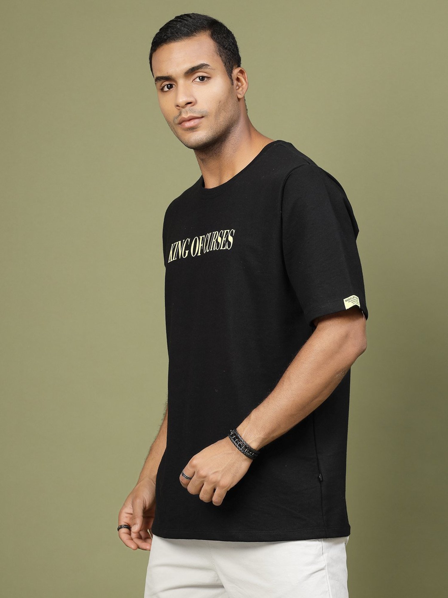 Rigo Coal Black Cotton Loose Fit Typography T-Shirt