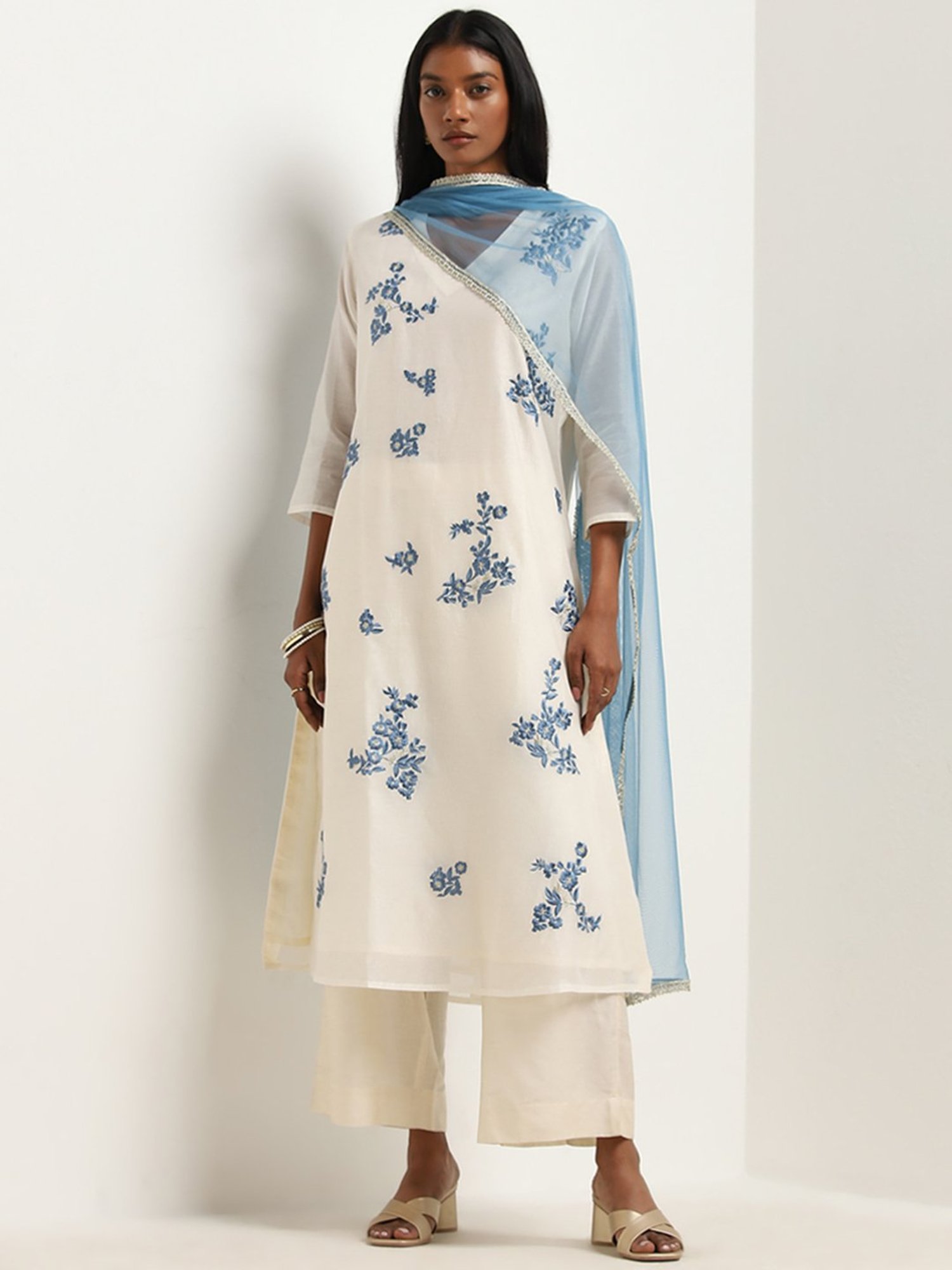 Vark by Westside Off-White Embroidery A-Line Kurta, Pants & Dupatta Set