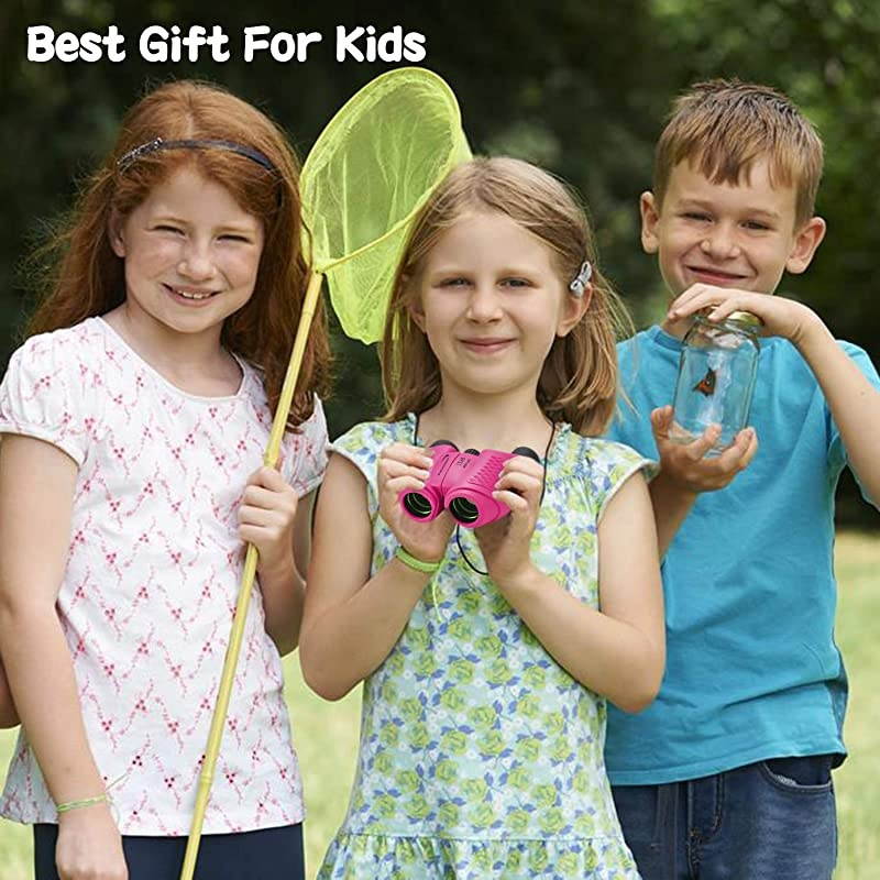 Compact Kids Binoculars 8x22 High Powered Toy Binocular for 47 Years Old Girl Best Birthday Present Gifts for Bird Watching Camping Hiking Rose Red