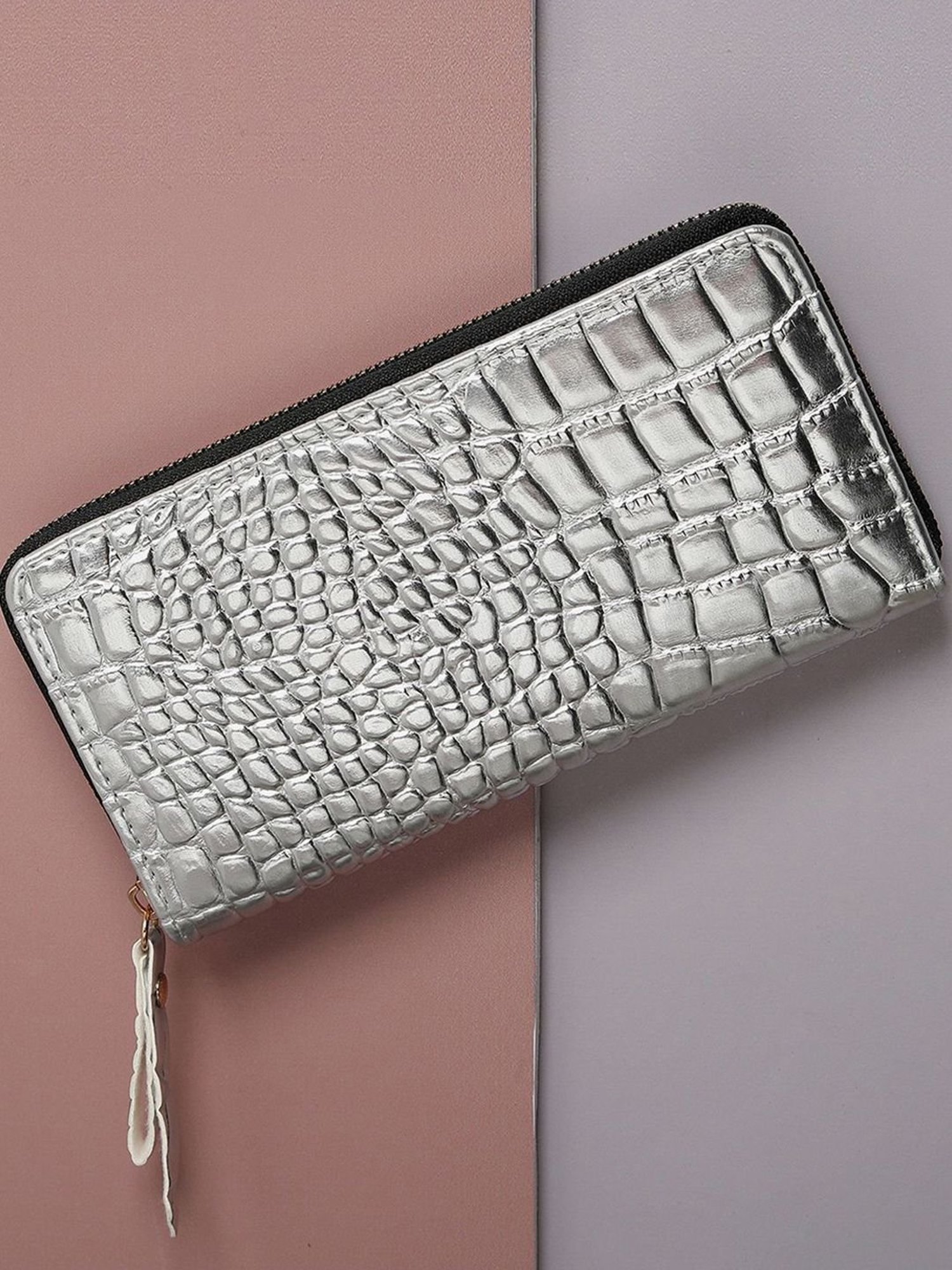 HauteSauce Silver Textured Zip Around Wallet for Women