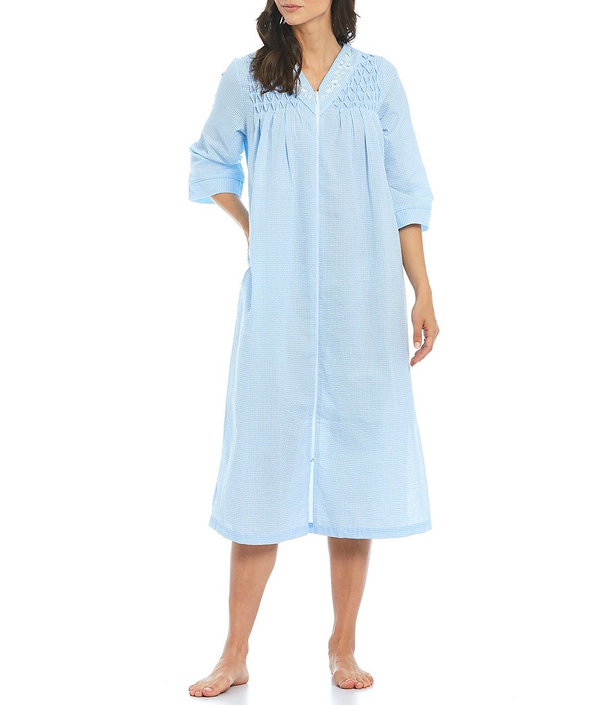 Miss Elaine Seersucker Checkered Print Long Zip-Front Robe