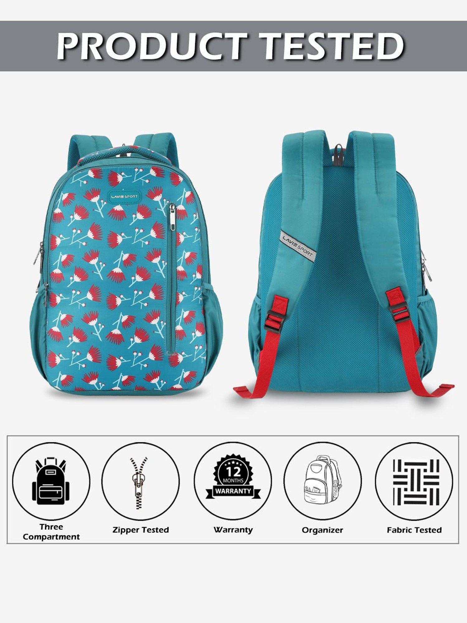 Lavie Sport Tinybloom 26L Floral Printed School Backpack for Girls (Teal)