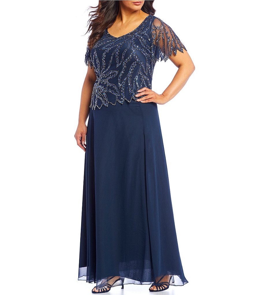 Jkara Plus Size Beaded Short Sleeve V-Neck Long Gown