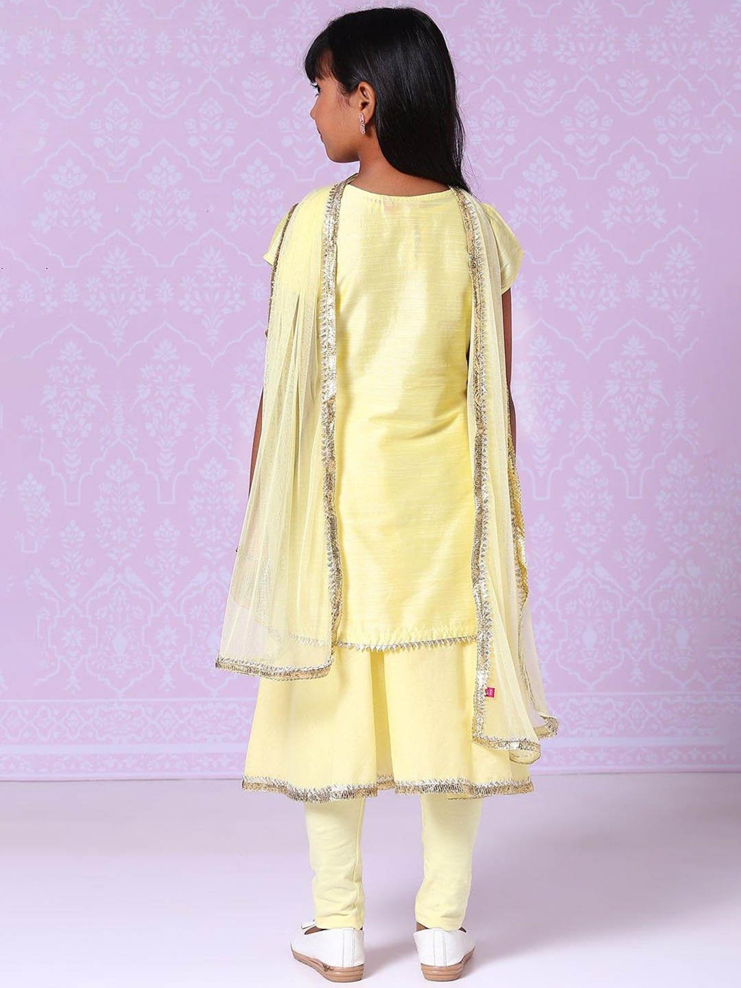 BIBA Girls Yellow Embroidered Anarkali, Leggings with Dupatta