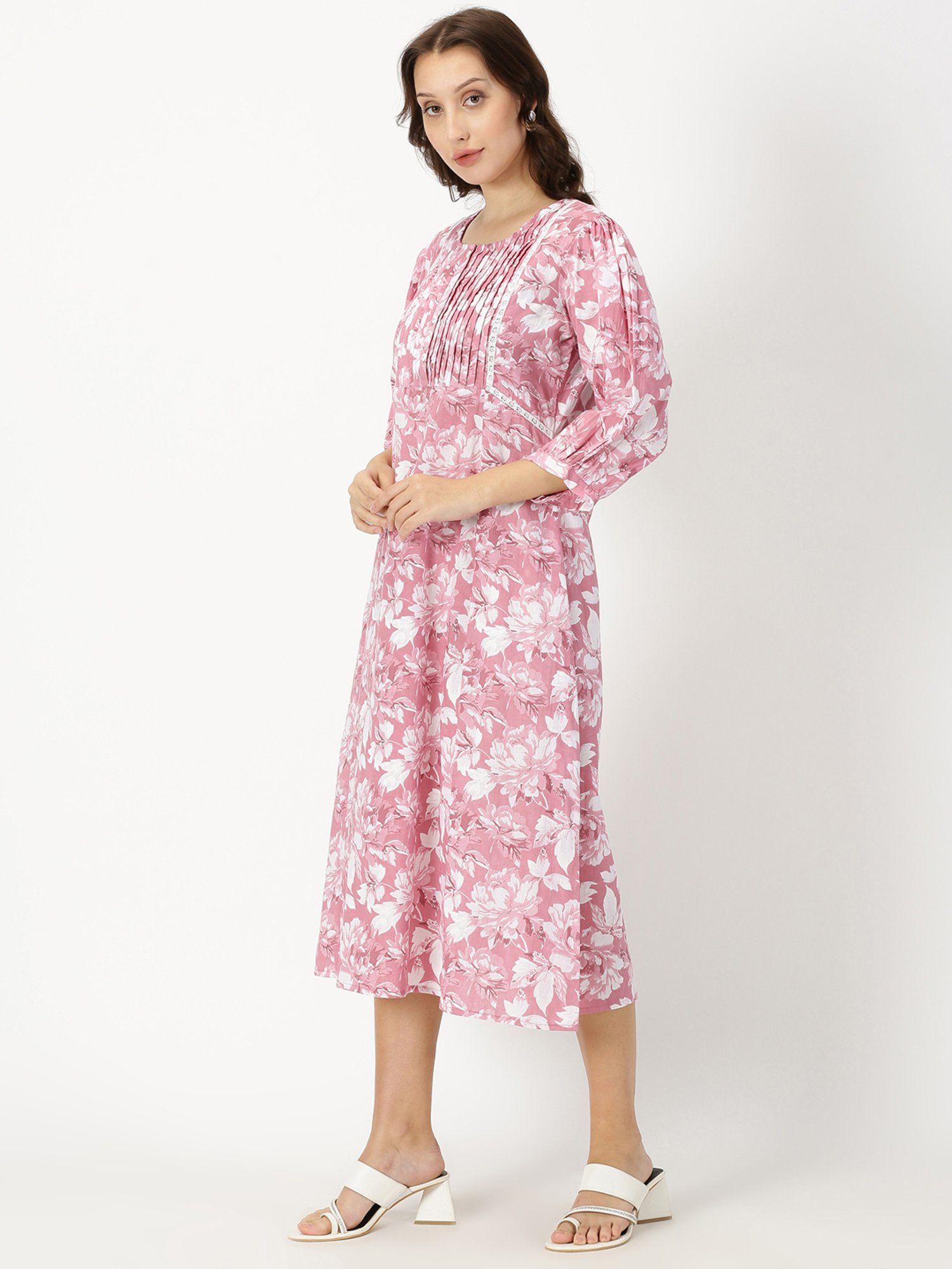 Saffron Threads Pink Floral Cotton Print Ethnic Dress