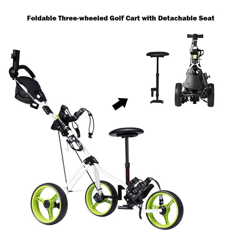 Costway Foldable 3 Wheel Push Pull Golf Club Cart Trolley w/Seat Scoreboard Bag Swivel