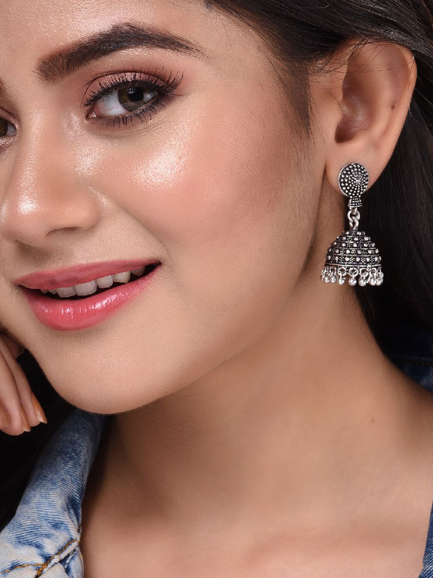 Saraf RS Jewellery Silver Toned Oxidised jhumka Earrings