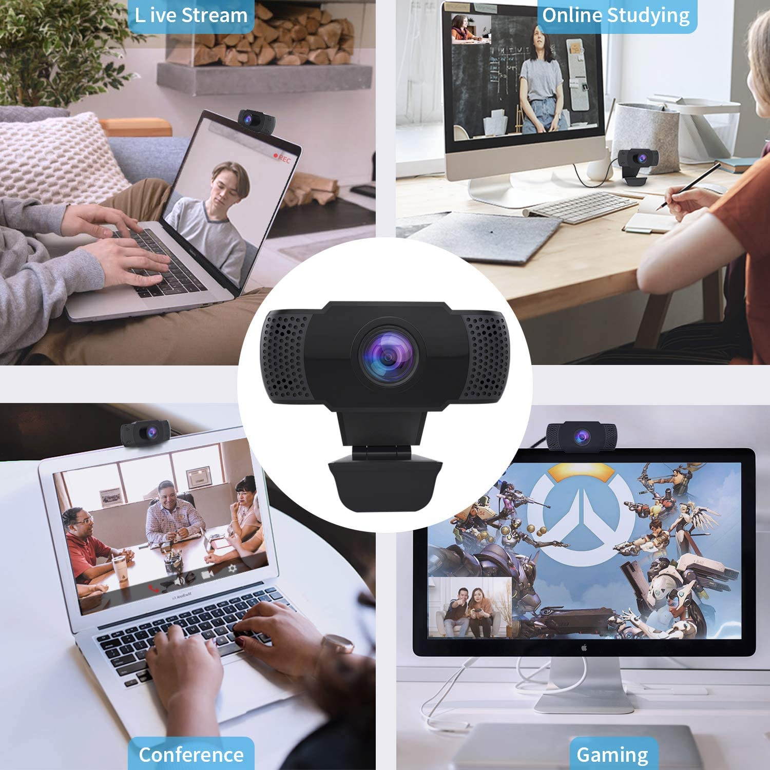 1080P Webcam with Microphone, USB 2.0 Desktop Laptop Computer Web Camera with Auto Light Correction, Plug and Play, for Video Streaming, Conference, Game,Study