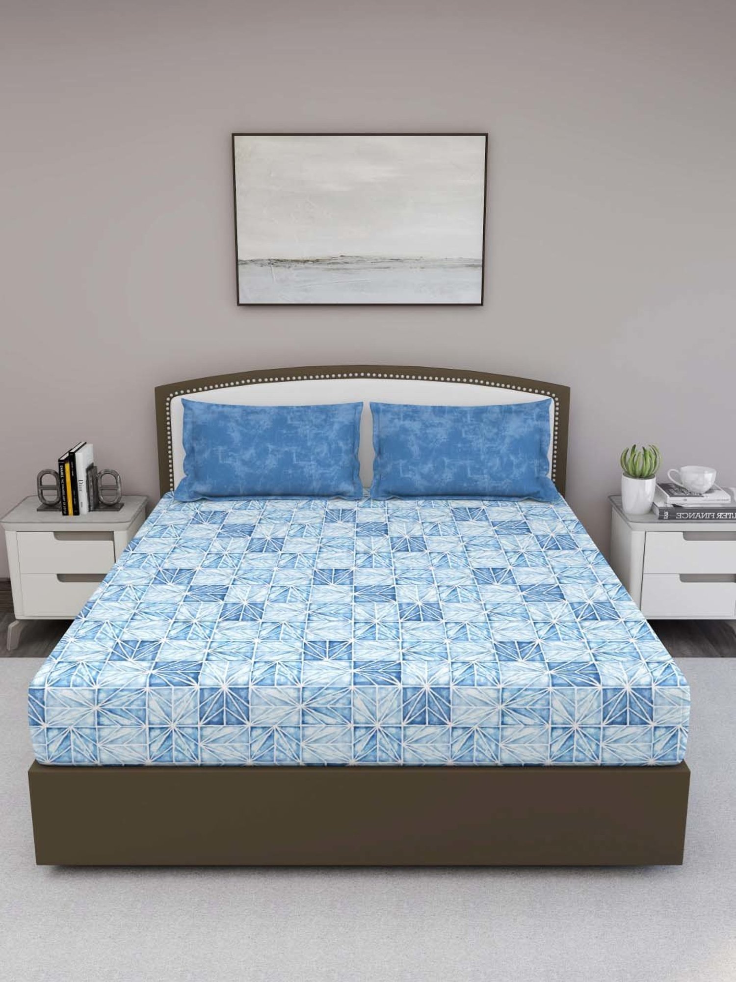 GM 'Serene' Blue Cotton 210 TC Double Bedsheet with 2 Pillow Covers