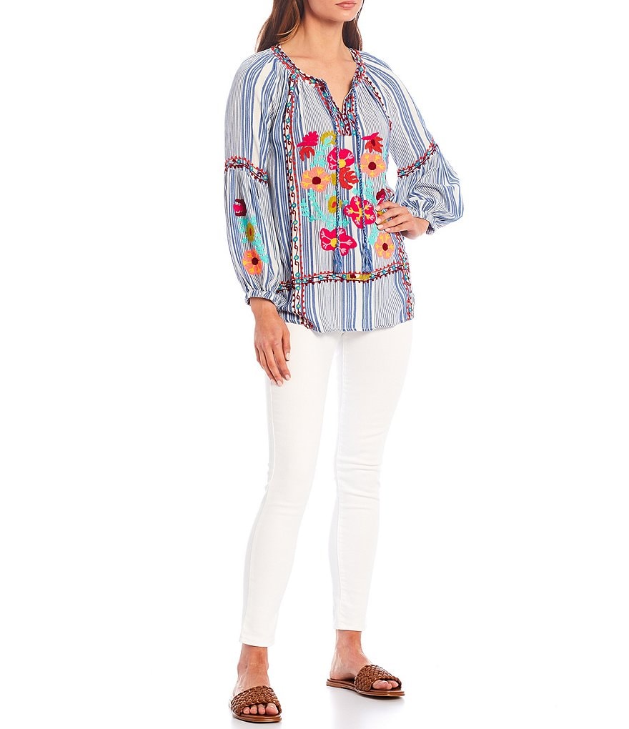 Tru Luxe Jeans Stripe Floral Embroidery Long Sleeve Peasant Top