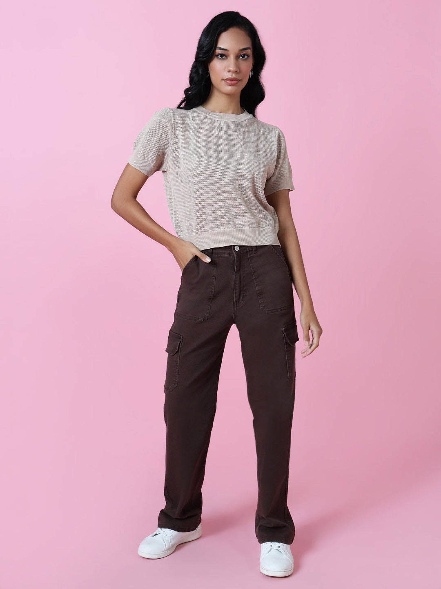 SHOWOFF Beige Self Design Top