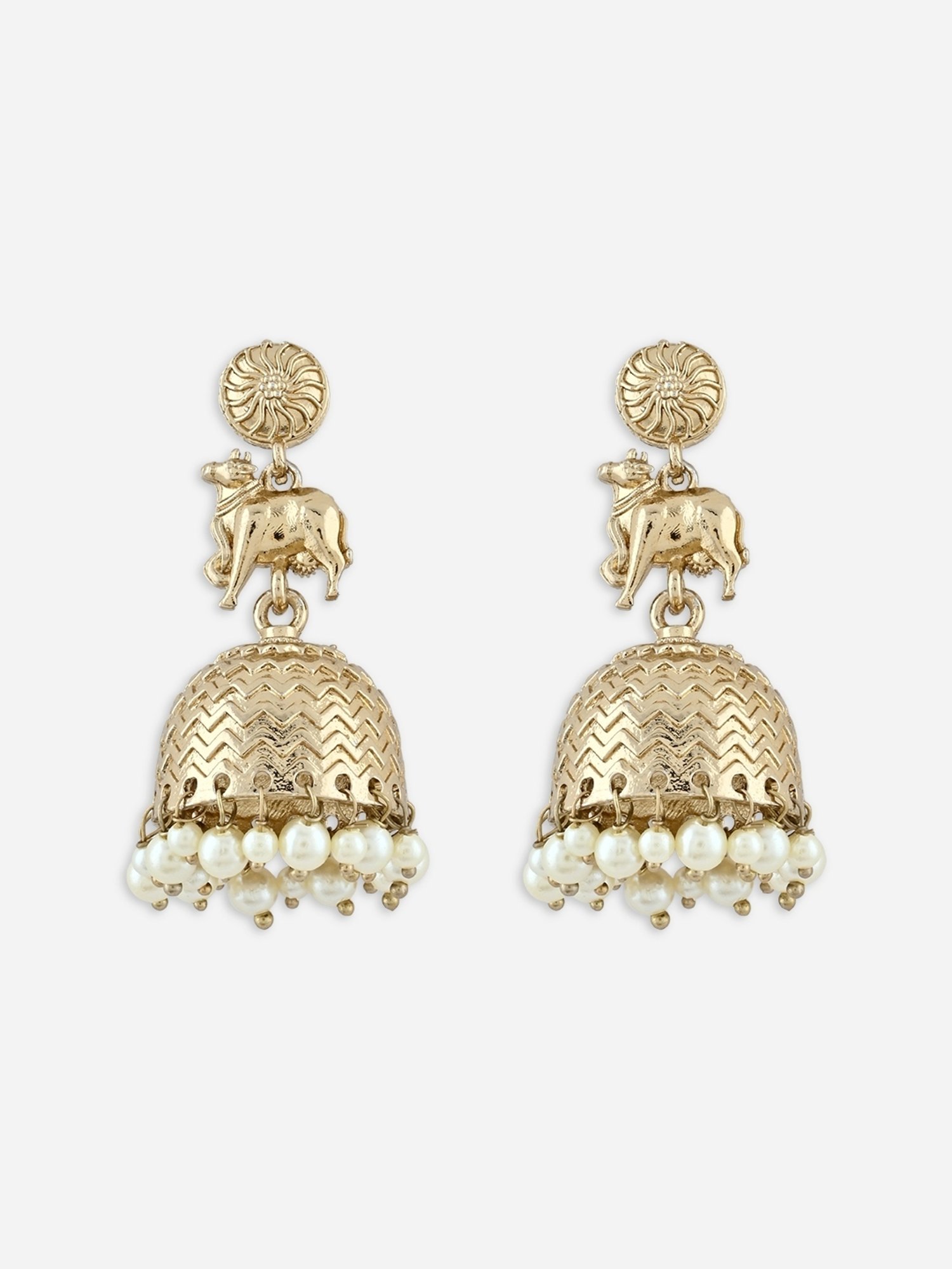 Fida White Ethnic Wedding Dome Shape Pearl Nandi Cow Temple Jhumki Earrings