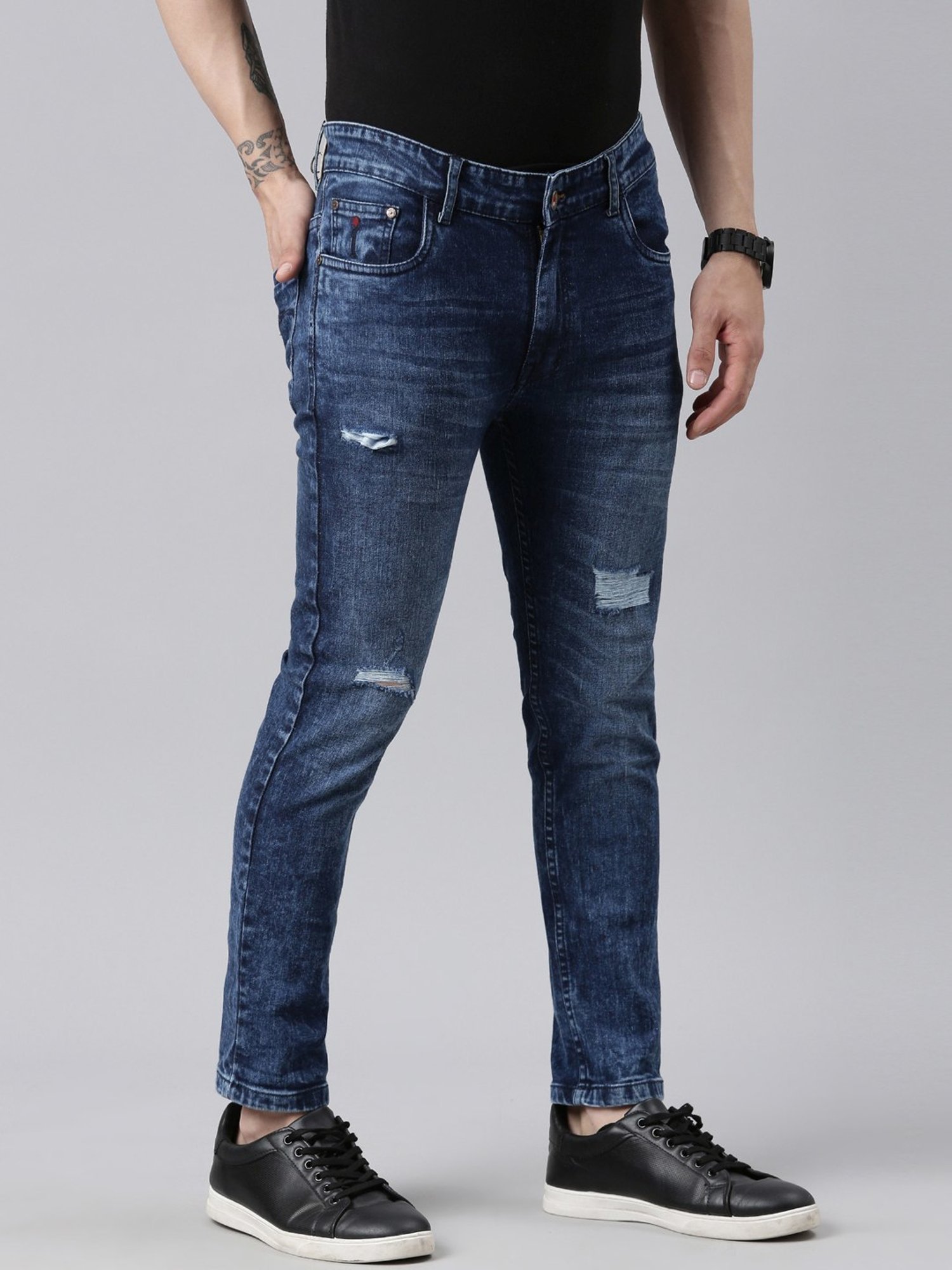 CINOCCI Denim Blue Cotton Slim Fit Distressed Jeans