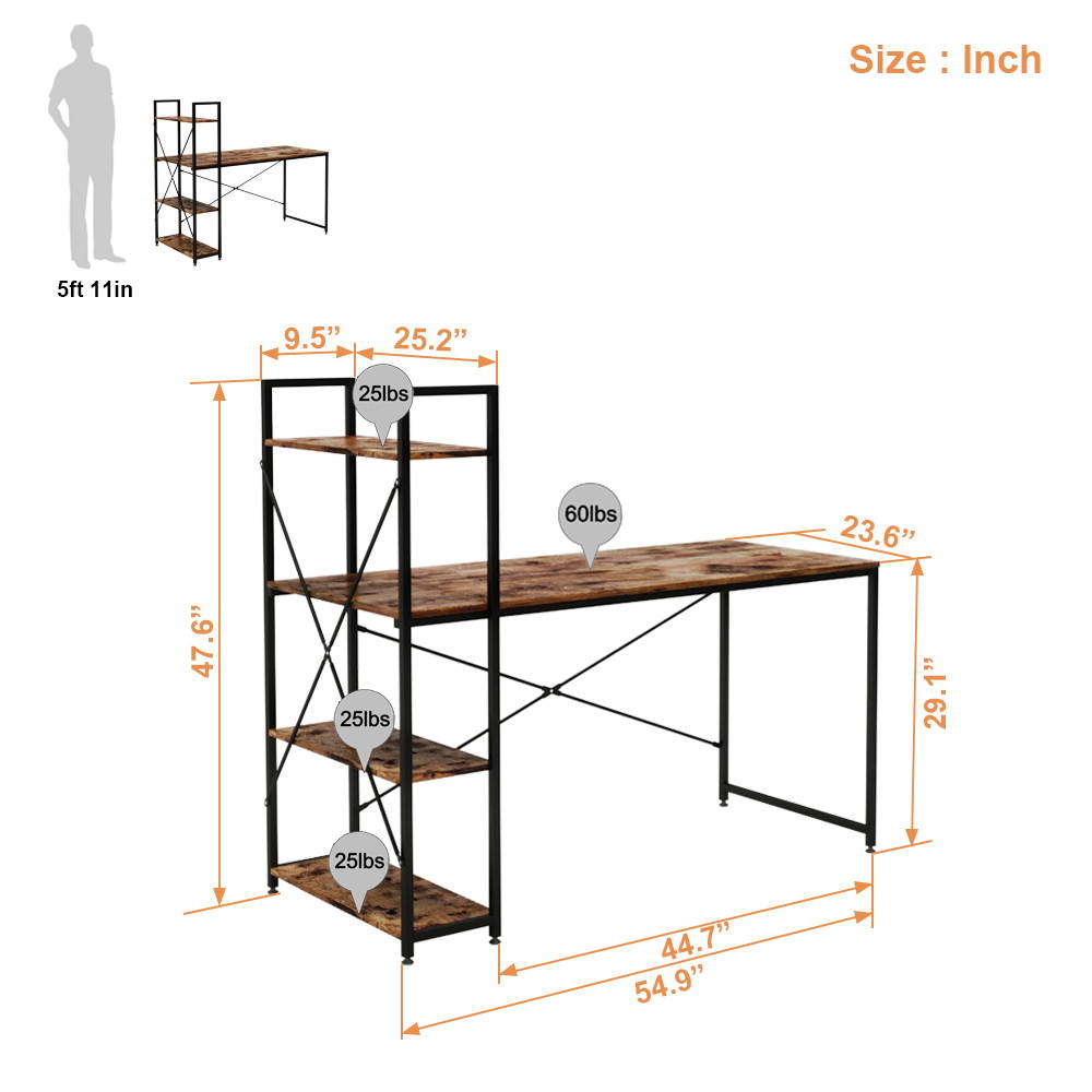 Bestier 63 Inch Computer Desk with Storage Shelves, Modern Bookshelf Desk with Headphone Hook Large Workstation Writing Desk with Reversible Bookshelves Home Office Work Table Study Desk Grey