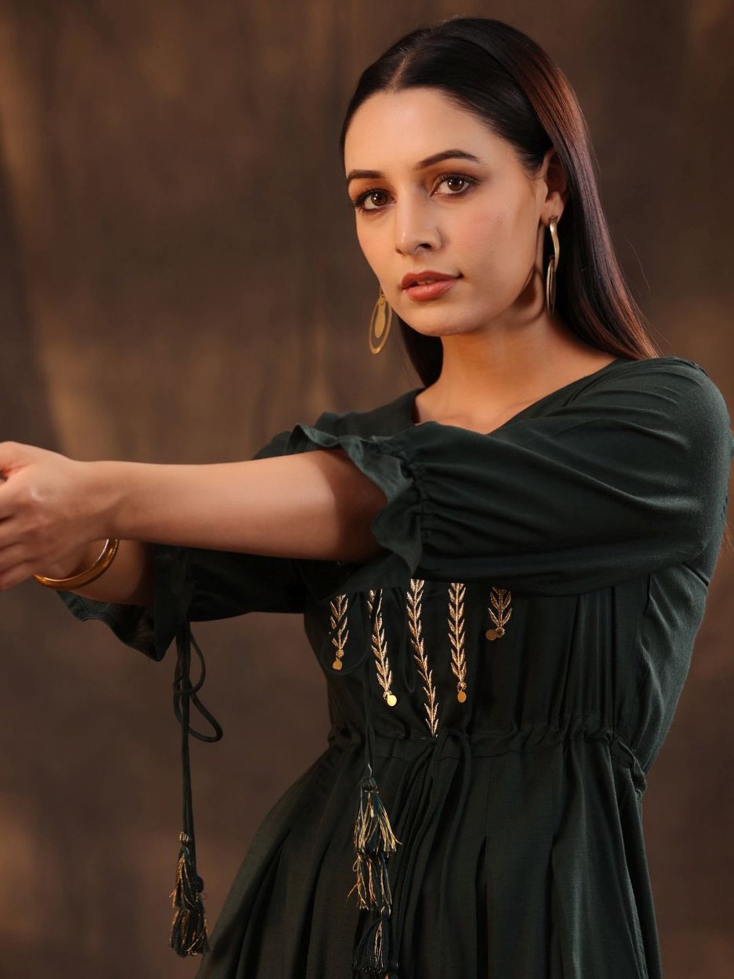 Juniper Jade Green Ethnic Motif Printed Rayon Slub Jumpsuit With Zari Work Embroidery