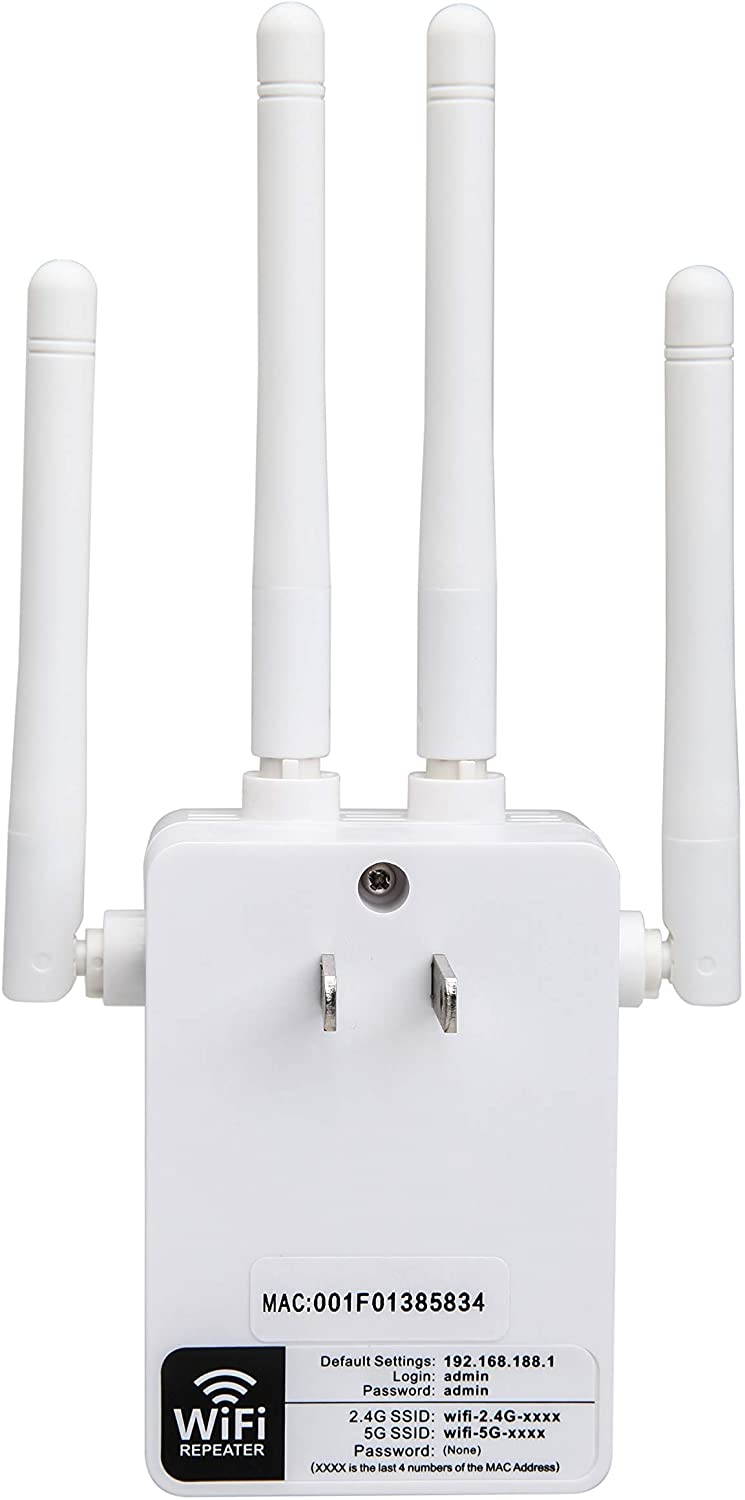 WiFi Extender,1200Mbps WiFi Repeater Wireless Signal Booster 2.4 & 5GHz Dual Band WiFi Extender 2 Ethernet Ports&with 4 External Antennas 360 Degree Full Coverage WiFi Range Extender Repeater (White)