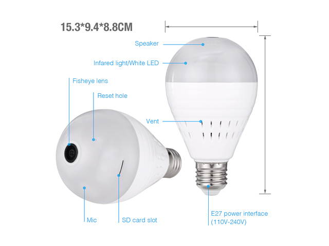 FirstPower Mini Wireless 1080P SPY Hidden IP Camera 360&deg; Panoramic WIFI Control Light Bulb
