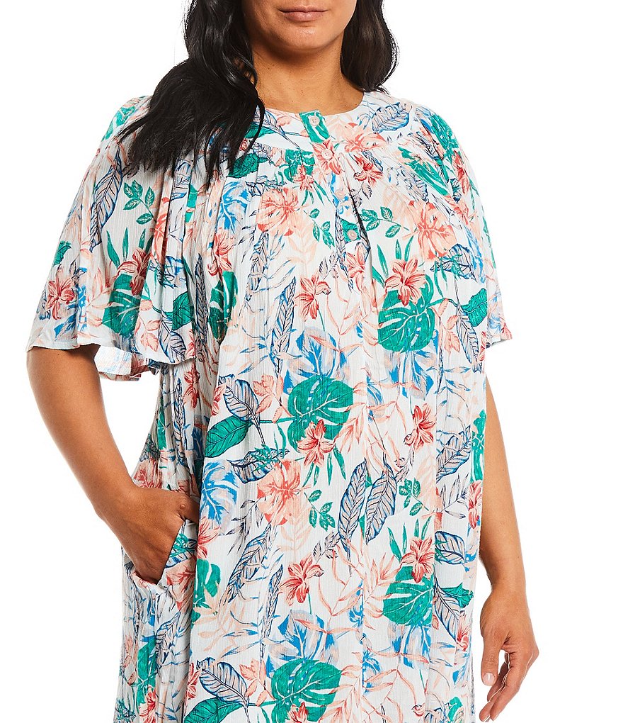 Kate Landry Plus Tropical Floral Print Henley Crinkled Woven Patio Dress