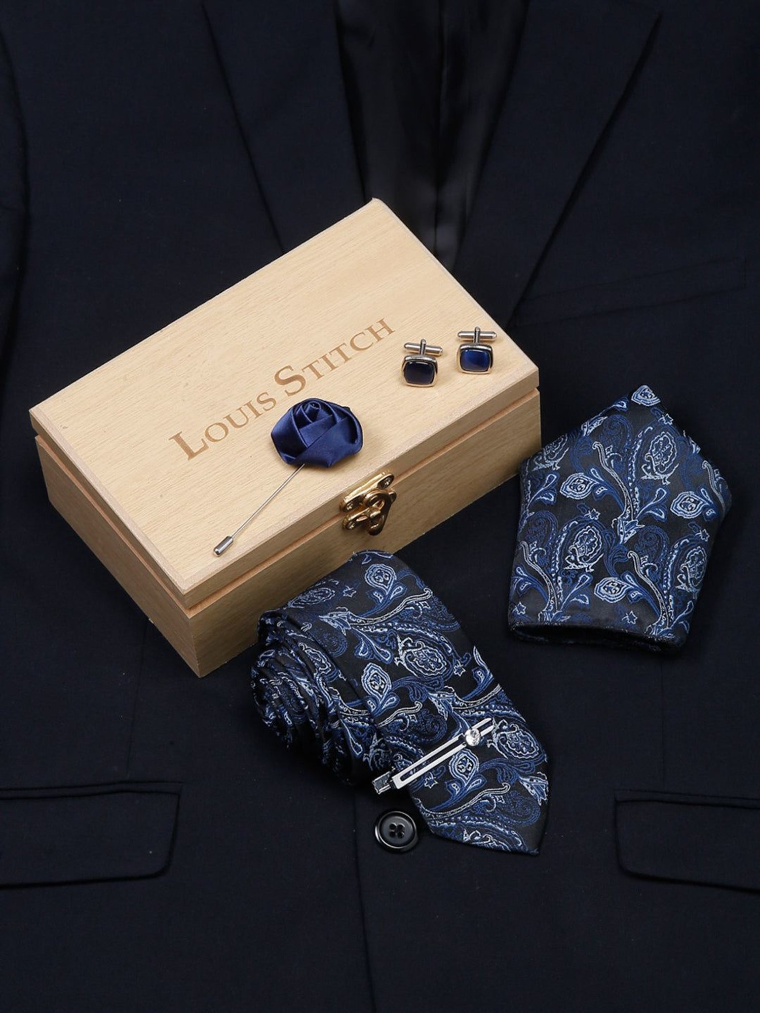 Louis Stitch Navy Printed Necktie Gift Set - Set of 5