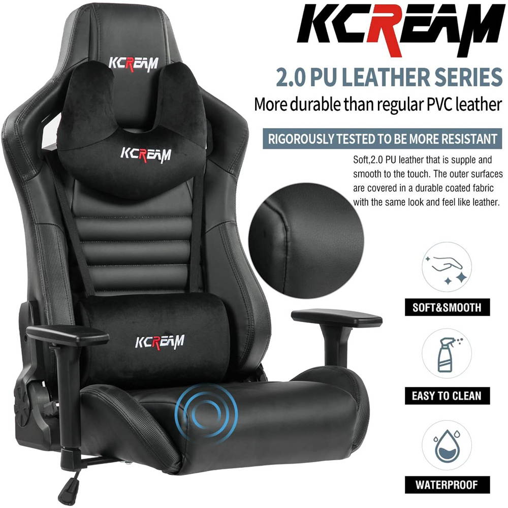 KCREAM PU Big and Tall Ergonomic Gaming Chair, Adjustable High Back Swivel Computer Chair Headrest Lumbar Support 400lbs Reclining Office Desk Chair for Adlut