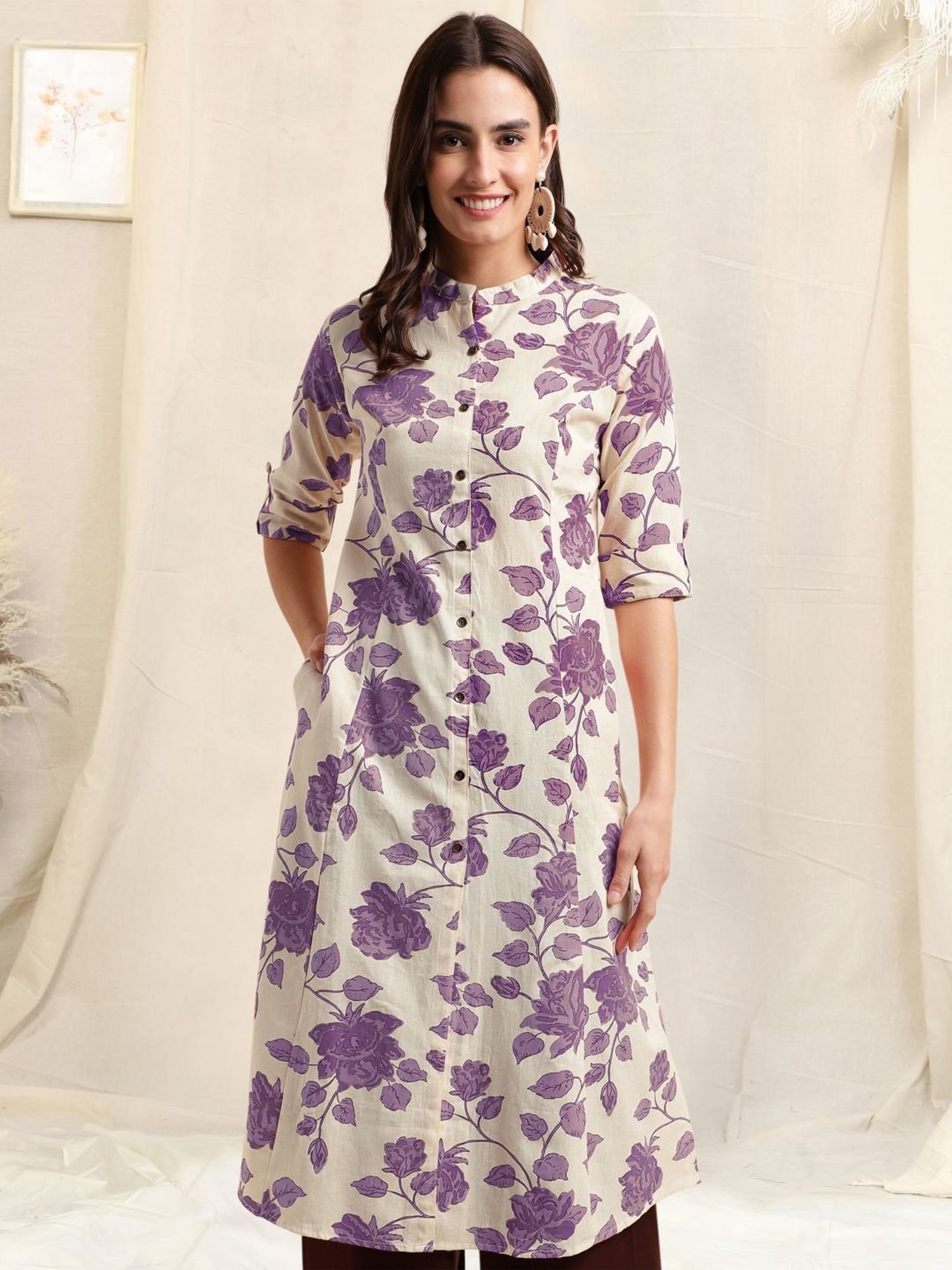 MIRCHI FASHION Beige Cotton Floral Print Straight Kurta