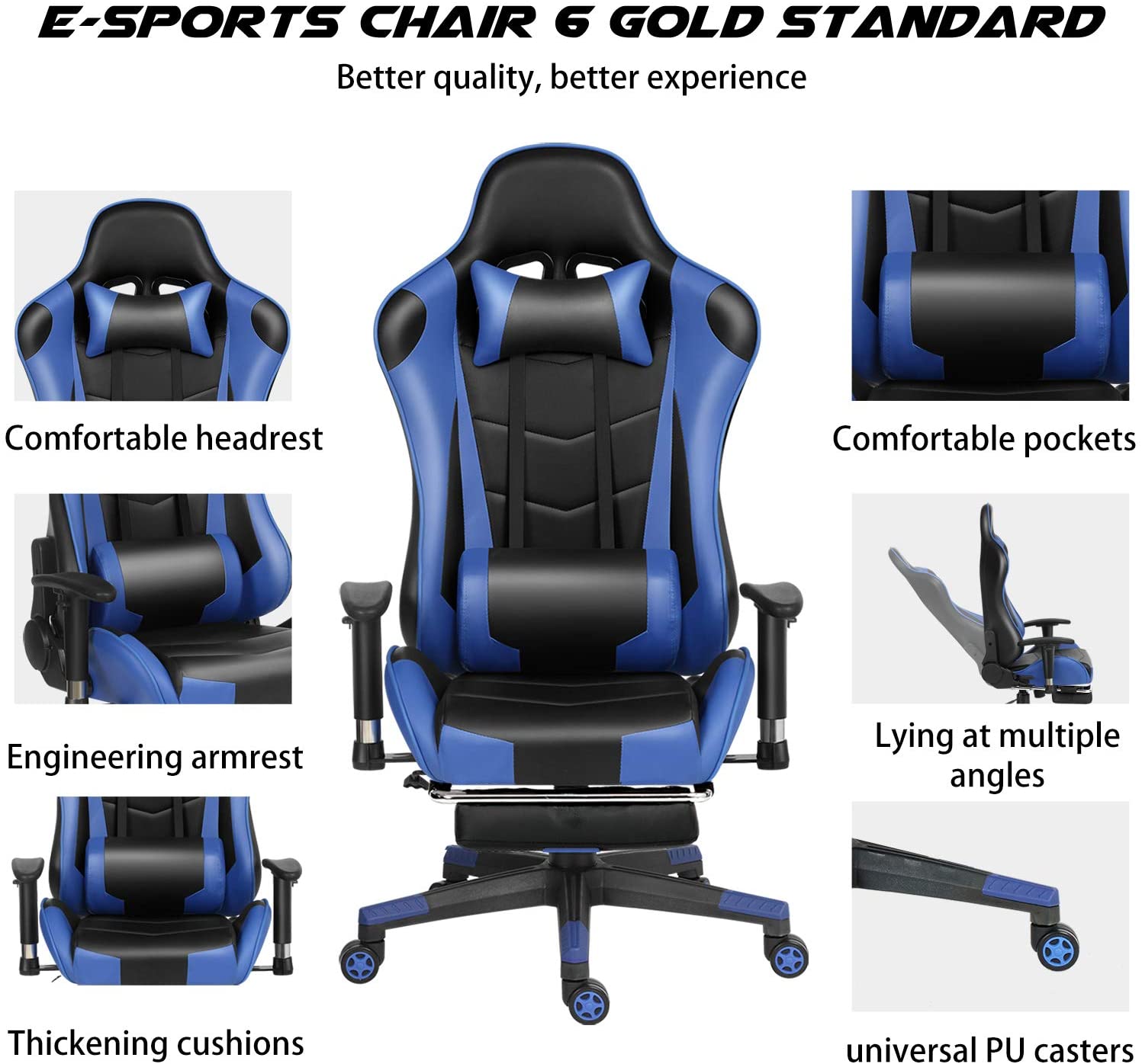 Ergonomic Gaming Chair | Home Office Chair | Adjustable Swivel Leather Computer Chair | High Back Desk Chair with Smooth PU Leather,Headrest,Footrest,Lumbar Support and Tilt Locking Mechanism  Pillow