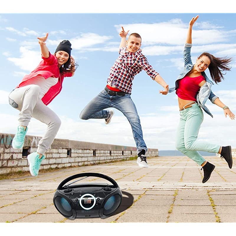 CD Player Boombox CDCDRCDRW Portable wBluetooth USB AMFM Radio Aux LineInput Headset Jack Foldable Carrying Handle and LED Light Phantom Black
