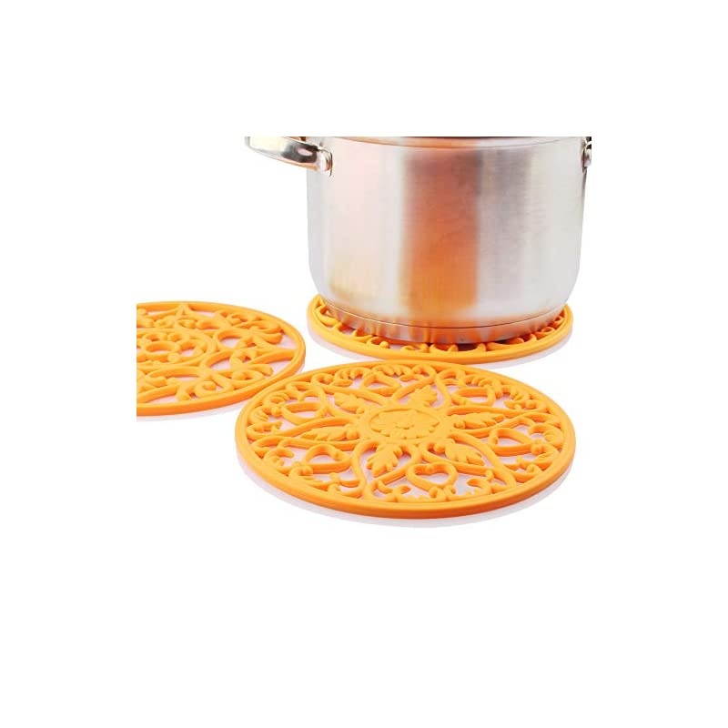 3 Set Silicone Multi-Use Intricately Carved Trivet Mat - Insulated Flexible Durable Non Slip Coasters (Orange)