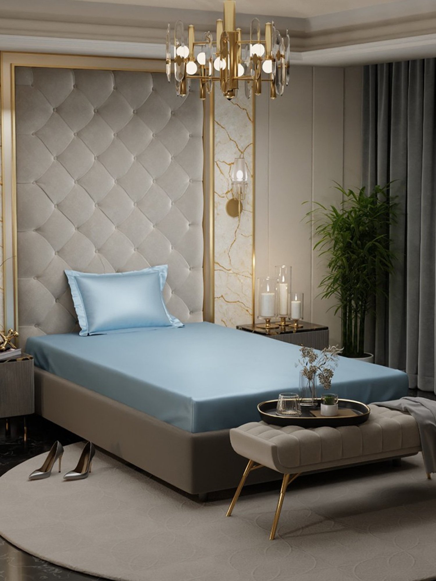 Stoa Paris Blue 300 TC Polyester Single Fitted Sheet with 1 Pillow Cover