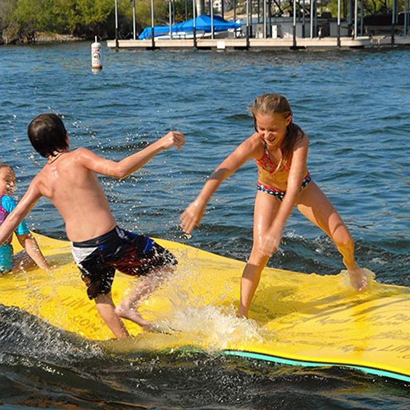 Aqua Lily Pad 20' Bullfrog Floating Foam Island, Yellow w/Dolphin Swimming Pool Noodle, Aqua Marine & Foam Pool Noodle Float, Lime Green