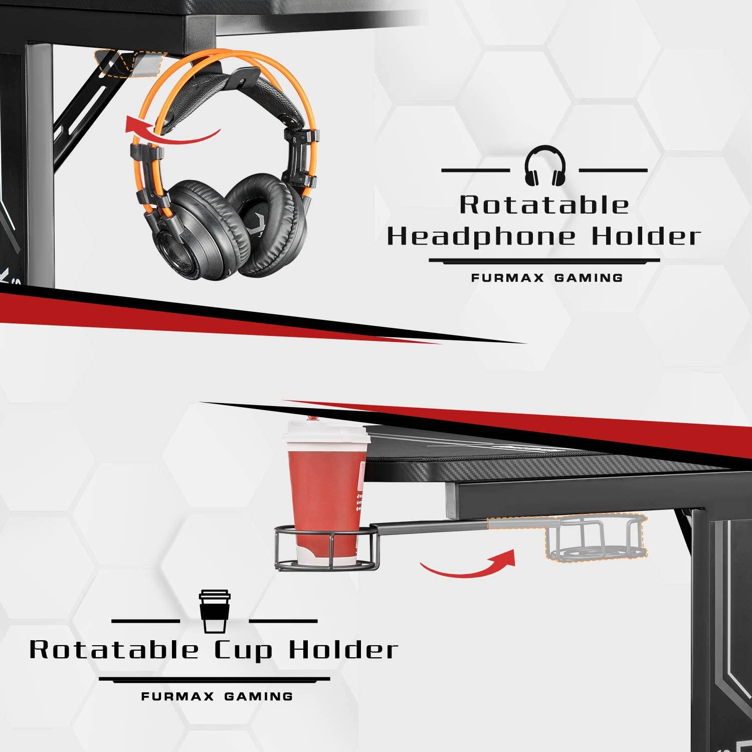 Furmax 43 Inch Gaming Desk T-Shaped PC Computer Table, Home Office Desk Carbon Fiber Surface Workstation with Free Full Coverage Mouse Pad, Cup Holder and Headphone Hook (Black)