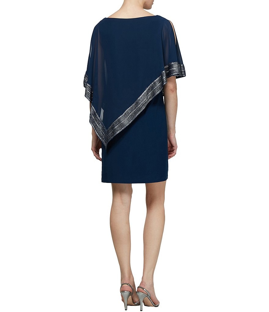 Ignite Evenings Round Neck 3/4 Cold Shoulder Sleeve Foil-Trim Asymmetrical Hem Dress