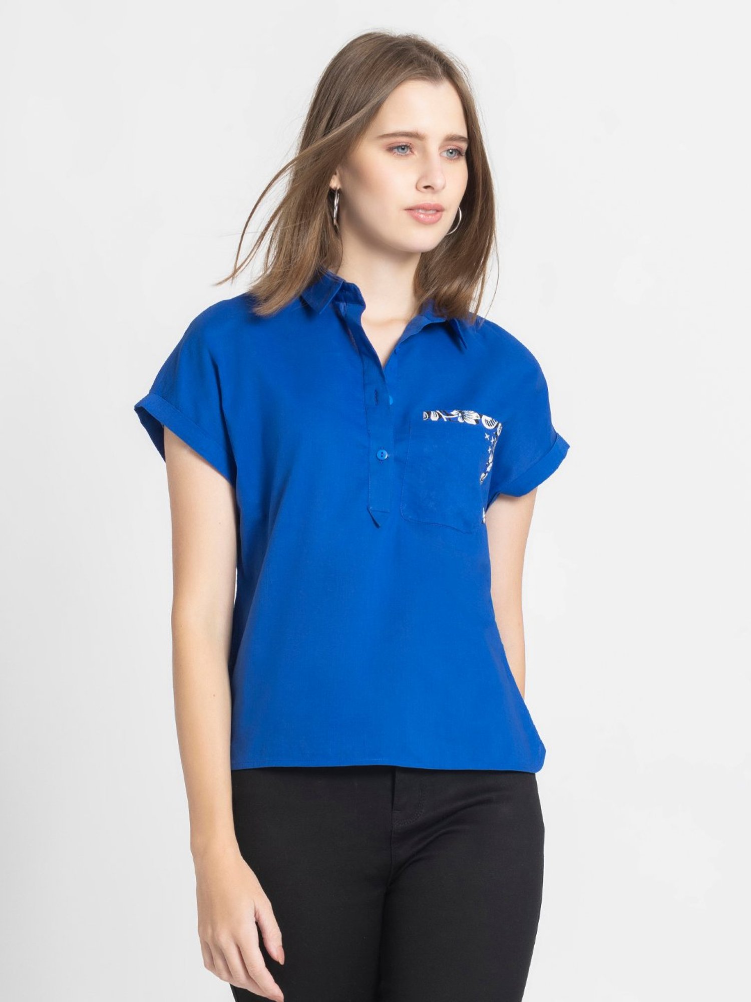 SHAYE Blue Cotton Floral Print Top