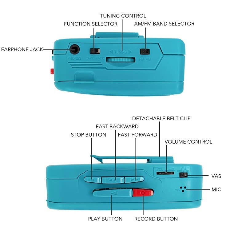 Cassette Player FM Am Radio Walkman Portable Cassette Converter Automatic Stop System Protect Cassette Tape Mic Recorder 2 AA Battery or USB Power Supply Belt clip with Headphone Teal